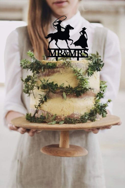 Mr & Mrs Wedding Cake Topper, Rustic Horse Wedding Cake Topper, Southern Style Black Silhouette Cake Topper