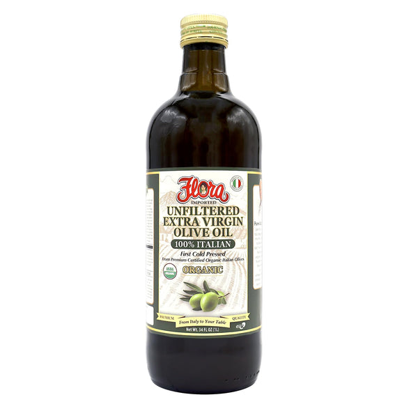 Flora Organic Unfiltered Extra Virgin Olive Oil 100% Italian, First Cold Pressed,