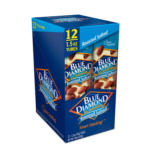(1.5 Oz. Pack 12) Blue Diamond Almonds, Roasted Salted Flavored Snack Nuts, Single Serve Bags Tubes