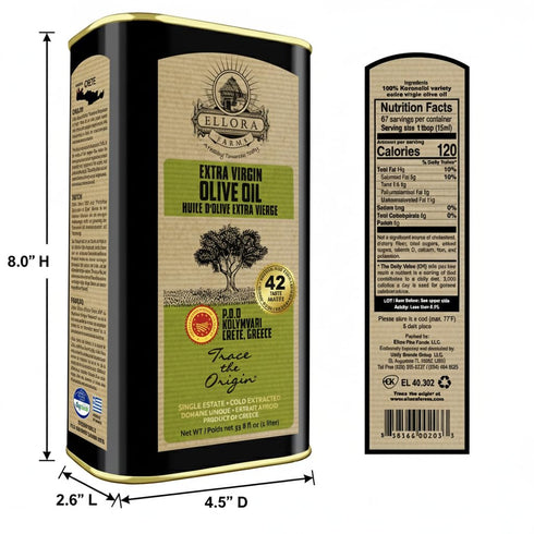 33.8 oz (1 Ellora Farms Olive Oil Extra Virgin, Certified Single Estate PDO, High Polyphenol Extra Virgin Olive Oil