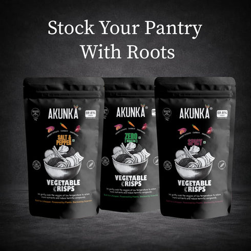 AKUNKA 2.5 oz Crispy Roots - Unsalted Vegetable Snack, Sweet Potato, Carrot, Beetroot, High Fiber, Zero Added Salt