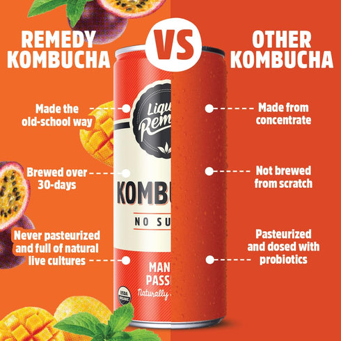8.5 Oz 24-Pack Liquid Remedy Kombucha Sugar Free Organic Drink, Low Calorie, Probiotic Like Tea for Gut Health - Mango