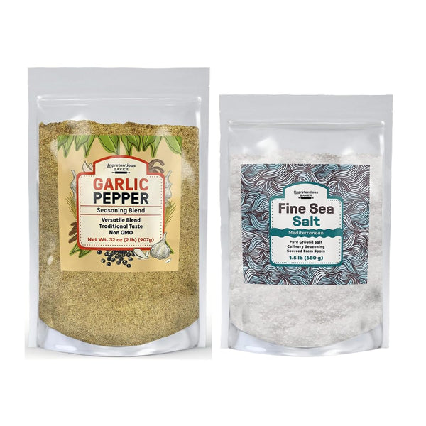 Unpretentious Garlic Pepper and Fine Sea Salt Bundle, Various Sizes, Flavorful Seasonings,