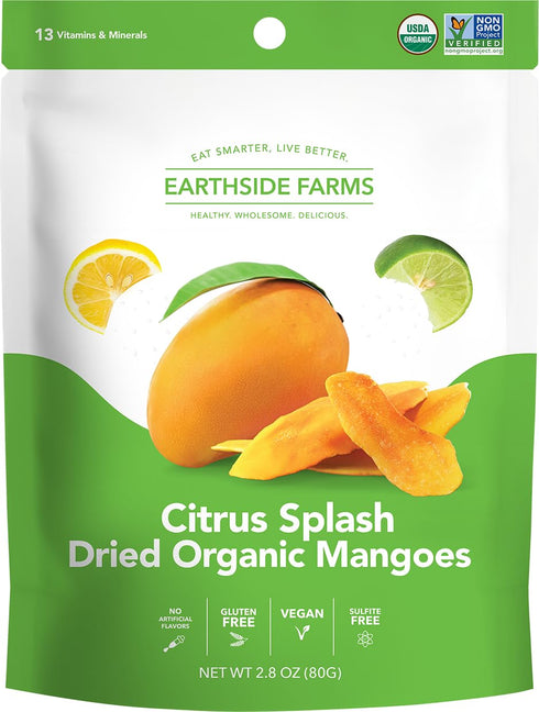 Pack 2.8oz 4pack Earthside Farms Dried Organic Mango Variety Original Citrus Splash Lime Kick and Peach Paradise Gluten