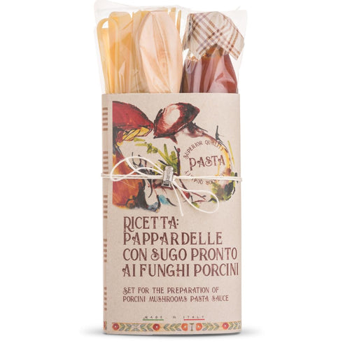 Set, Packaging, Pasta Gourmet Gift Pappardelle Pasta with Porcini Mushrooms Sauce in Deluxe homemade in South of Italy