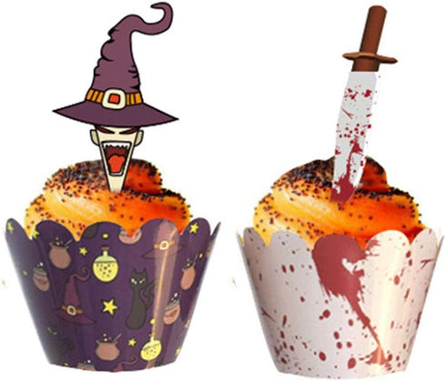 48 Pieces Halloween Cupcake Toppers Kit for Halloween Cake Decoration with Cupcake Wrappers