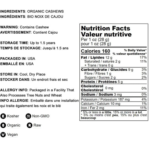 2 Food to Live Organic Raw Cashews, Pounds Non-GMO, Whole, Large, Premium Fancy Nuts, Unsalted, Unroasted, Kosher