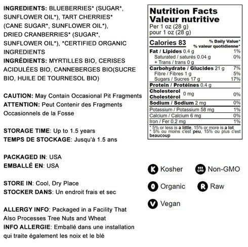 2 Organic Mixed Berries, Pounds Non-GMO Dried Blueberries, Cranberries, and Tart Cherries, Kosher, Lightly Sweetened
