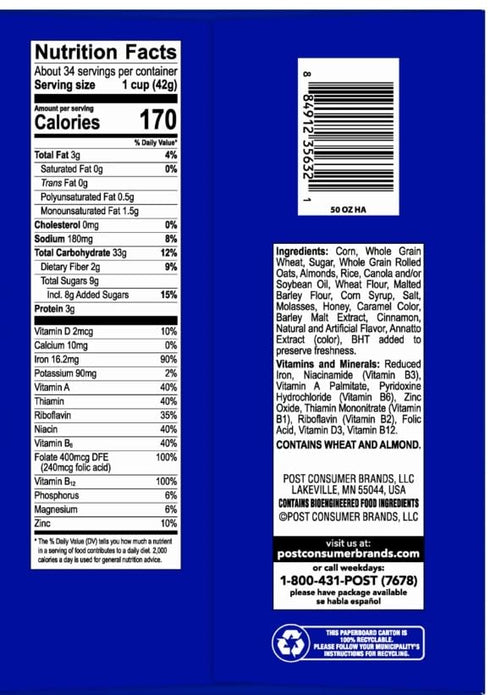 KD Chocolates 50 oz Post, Hony Bunches of Oats with Almonds Cereal