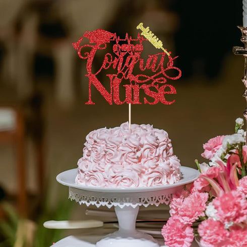 Trelsan Red Glitter Congrats Nurse Cake Topper, Nursing School Grad Graduation Party Decorations Supplies, Medical