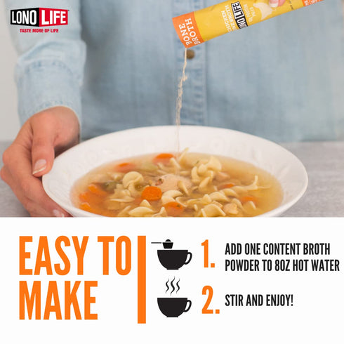 LonoLife Reduced Sodium Chicken Bone Broth Powder Mix, 10g Protein, 10 Portable Stick Pack Servings