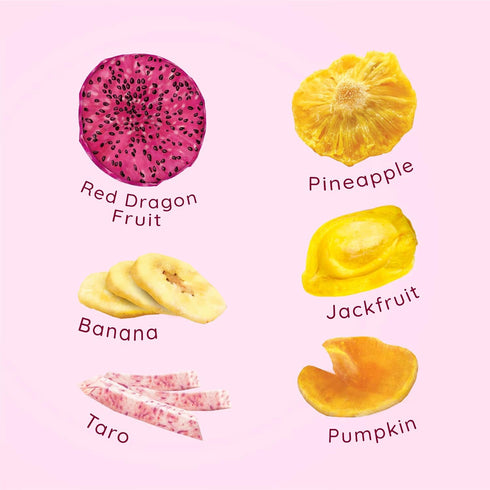7 Oz (Pack 6 Jans Buah Mixed Fruit Chips, of ) Tropical Mix of Red Dragonfruit, Pineapple, Banana, Jackfruit, Taro