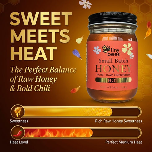 16 oz. 100% Tiny Bees Raw & Unfiltered Hot Honey, All Natural Pure Honey Infused with Chili Peppers, Gluten-Free
