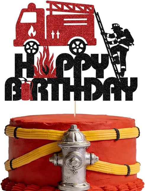 Glitter Fire Truck Cake Topper - Firefighter-themed Happy Birthday Decorations for Children's