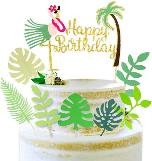 ALISSAR Flamingo and Leaf Cake Topper - Tropical Happy Birthday Decoration Supplies