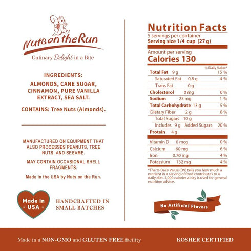 4.75oz (PACK 3 Cinnamon Almonds - Vegan, Kosher, Gluten-free, GMO-free - OF BAGS), Satisfaction Guarantee, Vegan