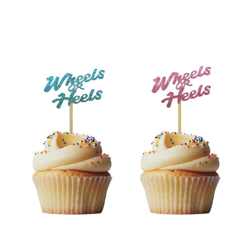 Morndew 24 PCS Wheels or Heels Cupcake Toppers for Gender Reveal, Baby Shower, Birthday Party Decorations
