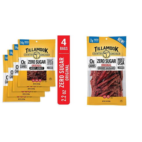 Tillamook Country Smoker Keto Friendly Zero Sugar Beef Jerky (Original, Pack of 4) and Smoked