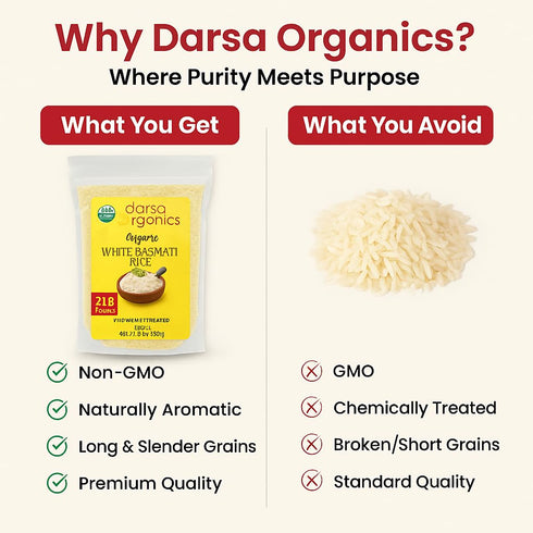 (2lb) Darsa Organics White Basmati Rice - USDA Organic Long Grain White Rice from India - Premium Aromatic & Fluffy