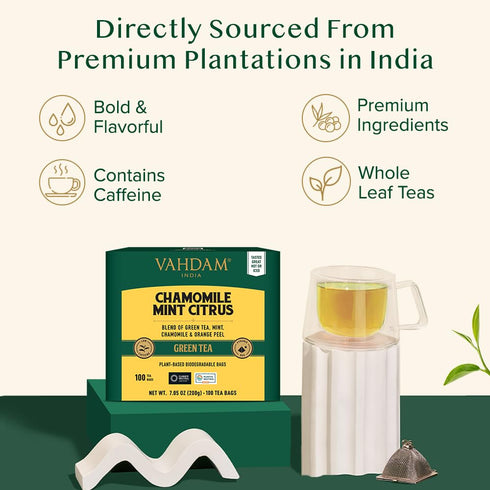 (100 Count) VAHDAM, Chamomile Mint Citrus Green Tea Bags Low Caffeine, Non GMO, Gluten Free | Sweet & Floral |
