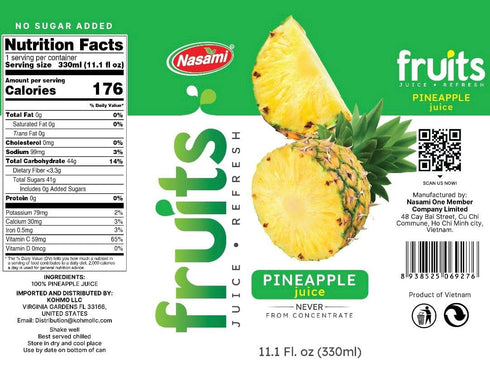 NASAMI 100% 11.1 oz (330ml) Pack 24 Pineapple Juice Not From Concentrate, No Sugar Added, Natural Tropical Fruit Drink