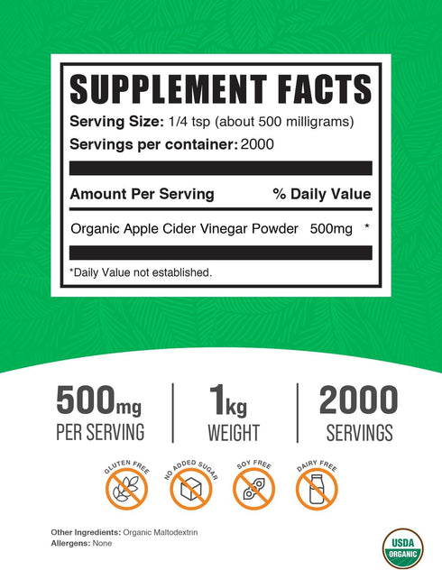 500mg 1kg (2.2 lbs) (Pack 1) BulkSupplements.com Organic Apple Cider Vinegar Powder - Apple Cider Vinegar Supplement