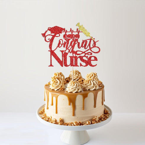 Trelsan Red Glitter Congrats Nurse Cake Topper, Nursing School Grad Graduation Party Decorations Supplies, Medical