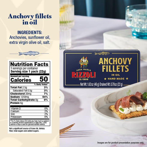 1.62 (46 (Pack 1) MANGIAR BENE RIZZOLI | Anchovy Fillets in Olive | Hand Made | MSC-Certified Sustainable Seafood, High