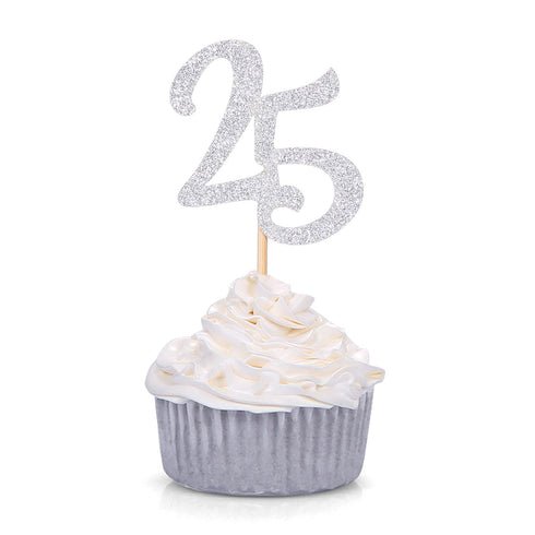 24 CT Silver Number 25 Cupcake Toppers for 25th Birthday, Anniversary Celebrating Party Decor