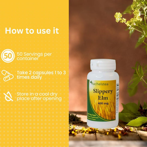 Rachel's Tea - 30 Bags/60 Cups with Slippery Elm Bark, 400 mg, 100 Capsules, Caffeine Free