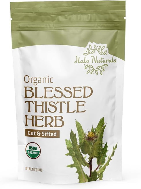 Halo Naturals 4 Packaged Organic Blessed Thistle Herb Cut & Sifted, Ounces (Cnicus benedictus) USDA Certified |