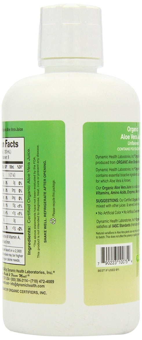 32 oz Dynamic Health Organic Aloe Vera Juice, No Additives, Digestive Support, Antioxidant Supplement, Vegan, Gluten