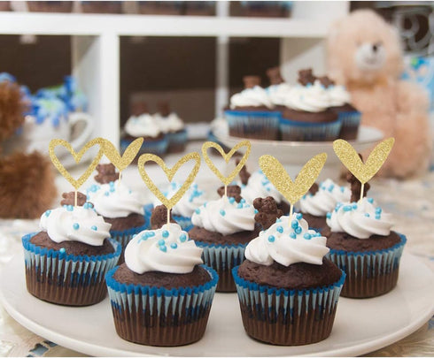24 PCS Cute Gold Glitter Heart Cupcake Toppers for Wedding, Bridal, Anniversary, Baby Shower Party Decorations