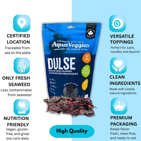 2oz(Pack 1) B12, Aqua Veggies Organic Whole Leaf Dulse of Atlantic Seaweed, Sun-Dried & Hand-Harvested Rich in Iodine