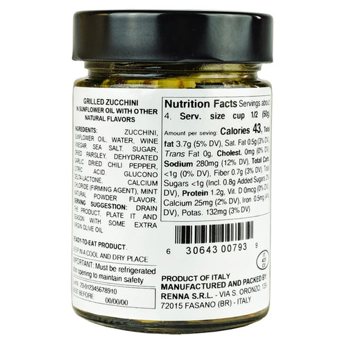(10.58 oz), Renna, Marinaded Grilled Zucchini in Oil Ready-to eat, Authentic Culinary Excellence from Italy, jarred