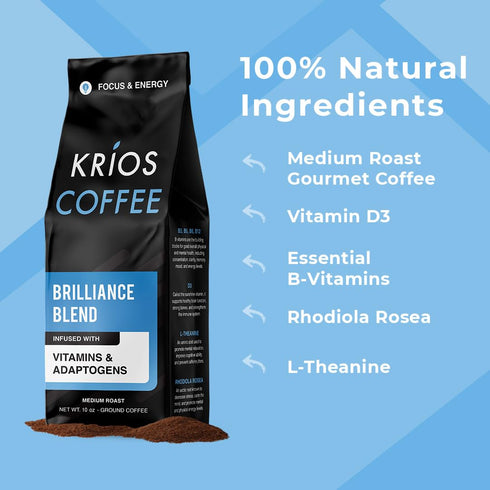 Krios Coffee Brilliance Ground Coffee, Medium Roast with Essential Vitamins, 10 oz Bag