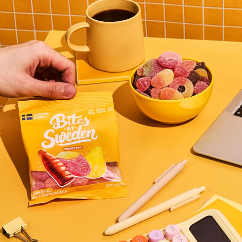Bites By Sweden Gummy Red-40, 3.5oz, 12 Swedish Candy Mix, Candy, No Trans Fat, No No High Fructose Corn Syrup, Bags