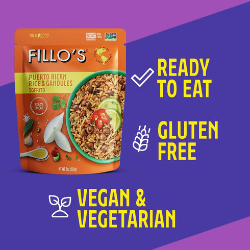 8 oz 6 Fillo's Puerto Rican Rice And Gandules - Ready To Eat Rice With Beans, Gluten-Free, Preservative-Free