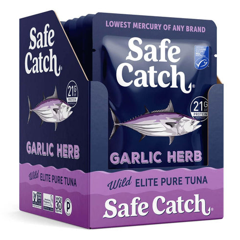2.6oz, Pack 12 Safe Catch Elite Lowest Mercury Wild-Caught Tuna Fish Pouch, Garlic Herb Flavor, Gluten-Free, Paleo
