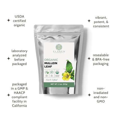 2 oz. (57g), Elanen Naturals Organic Mullein Leaf USDA Certified Organic Mullein Leaf Tea, Mullen Leaves, Mullin Leaf