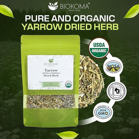50g 1.76oz Biokoma Organic Yarrow Dried Herb Dried Loose Achillea Millefolium Digestion Skin Health Support USDA