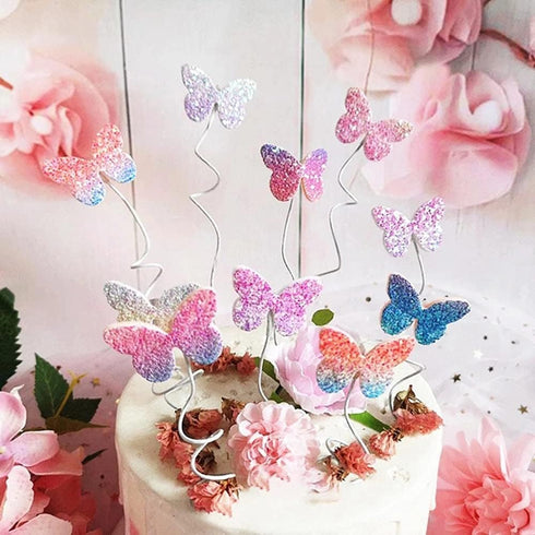Newmemo 12pcs Gradient Sequins Butterfly Cake Toppers - Rose Gold Confetti Balloon Cake Supplies for Birthday Wedding