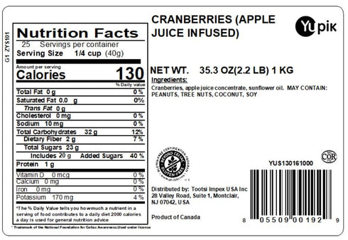 2.2 lb (35.2 oz), Yupik Cranberries Apple Juice Infused, Gluten-Free, Kosher, Vegan, Dried Fruits, No Added Sugar
