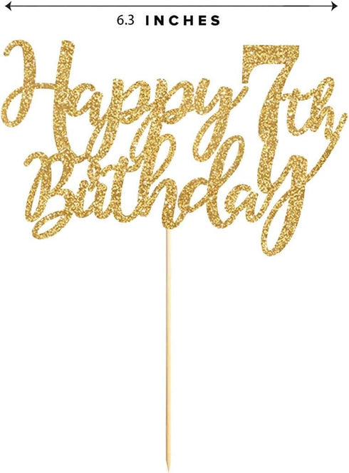 Gold Glitter Happy 7th Birthday Cake Topper, 7 Years Old Birthday Party Decorations, Boy or Girl Cake Toppers