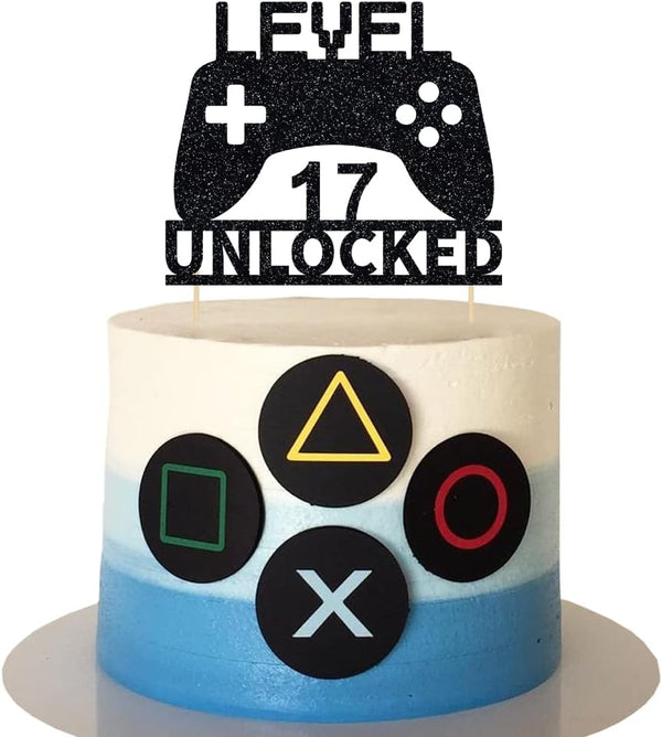Video Game Cake Topper Level 17 Unlocked, Game Controller Decoration for 17th Birthday Party