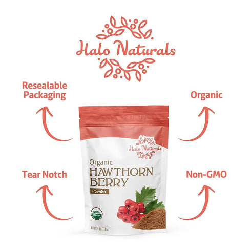 Halo Naturals 4 Packaged Organic Hawthorn Berry Powder, Ounces (Crataegus monogyna) USDA Certified | Resealable Pouch|