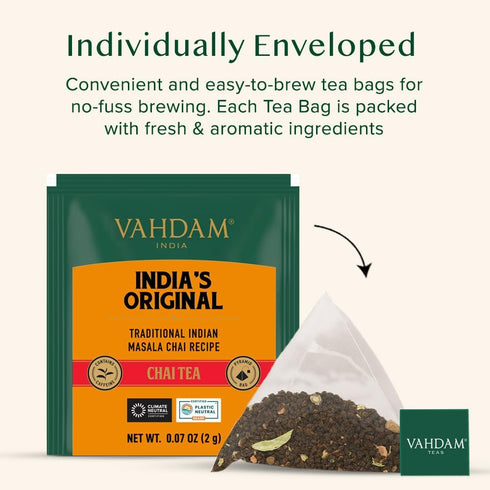 VAHDAM India's Original Masala Chai Tea, 30 Pyramid Tea Bags, Non-GMO, Gluten Free, Resealable Ziplock Pouch