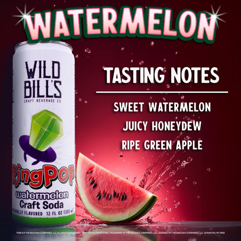 12 Oz 12 Pack Wild Bills Watermelon Ring Pop Craft Soda Pop Soft Drinks - Pure Cane Sugar, No HFCS, Caffeine Free