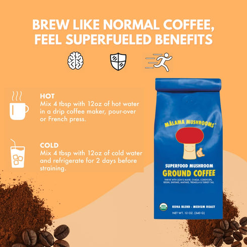 8-Mushroom Immune 12oz Organic Ground Mushroom Coffee by Malama | Superfood Blend with Lions Mane, Reishi, Cordyceps