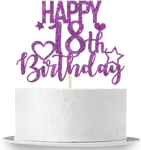 INNORU Purple Glitter Happy 18th Birthday Cake Topper - Cheers to 18 Years Birthday Party Decorations